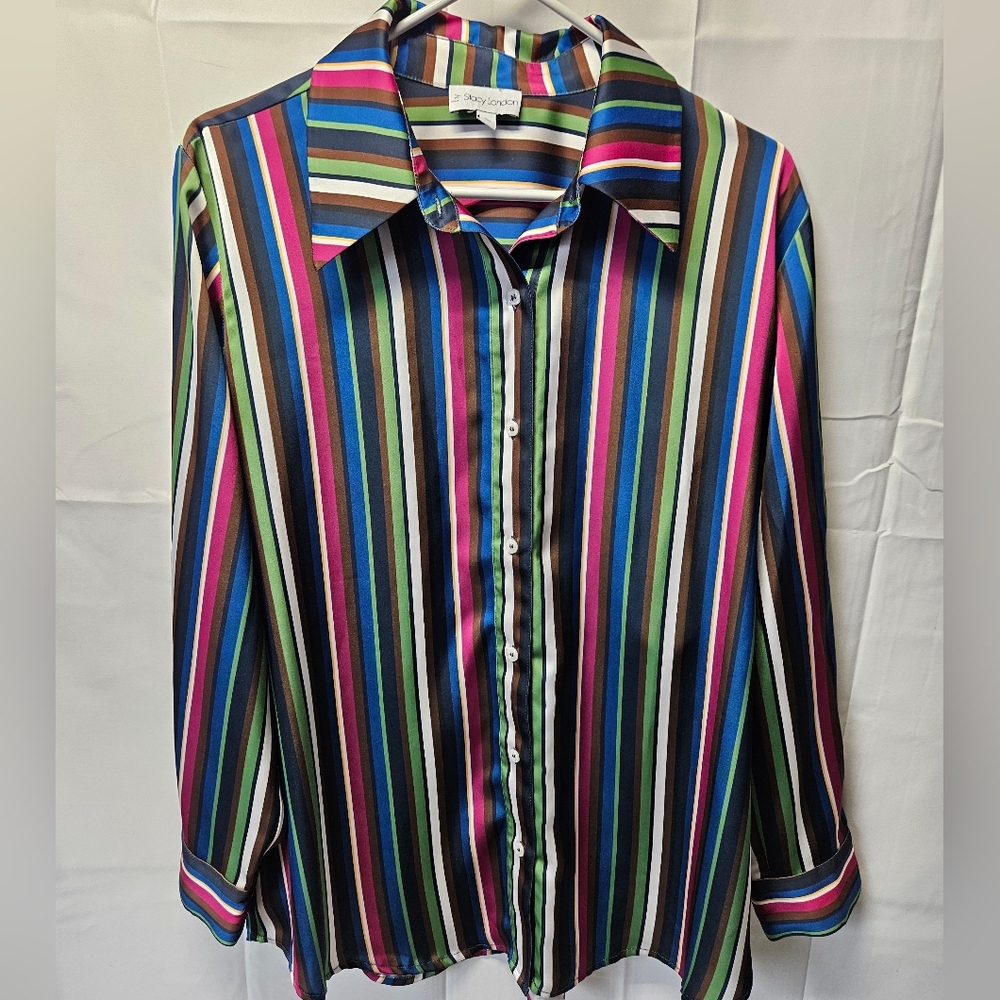 Stacy London Striped Multicolor Silky Button-Up Blouse Sz L